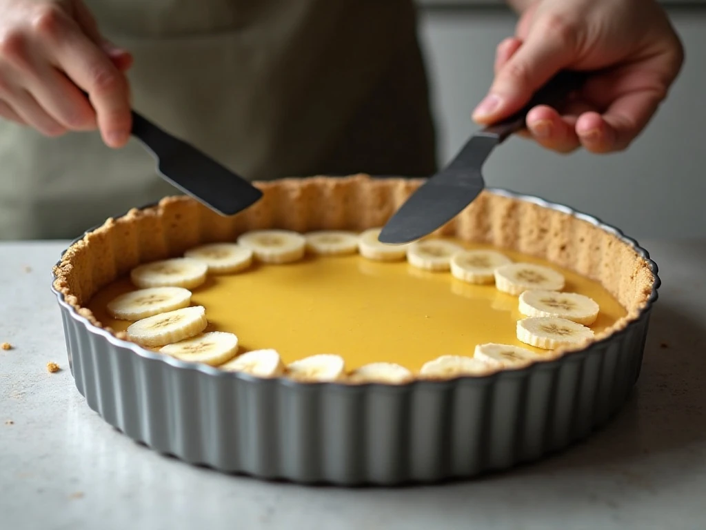 Banana slices and creamy filling layered over a no-bake cheesecake crust