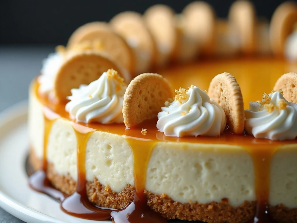 No-bake banana cream cheesecake topped with whipped cream, cookies, bananas, and caramel