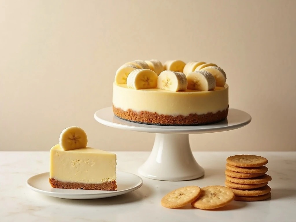 Complete homemade no-bake banana cream cheesecake ready to serve