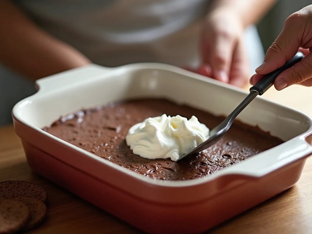 Layering chocolate pudding over wafer cookies for no-bake cake