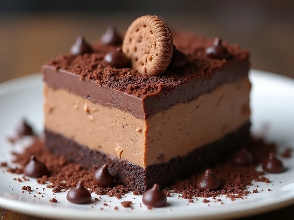 Close-up slice of chocolate pudding cake with cookie crumbs and chocolate chips