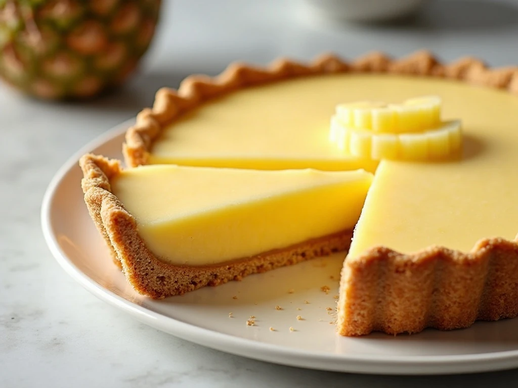 Whole easy no-bake pineapple pie with one slice served