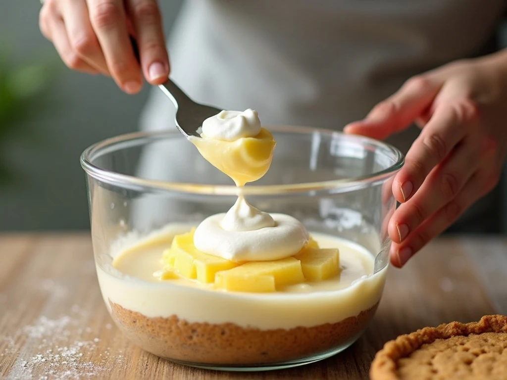 Gently folding whipped topping into pineapple pie filling