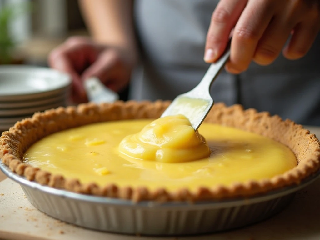 Smoothing pineapple pie filling in a graham-cracker crust
