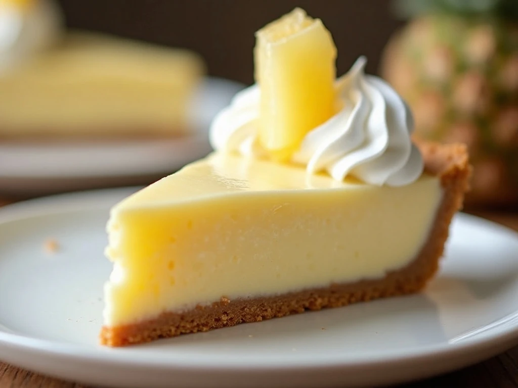 Close-up slice of creamy pineapple pie with garnish