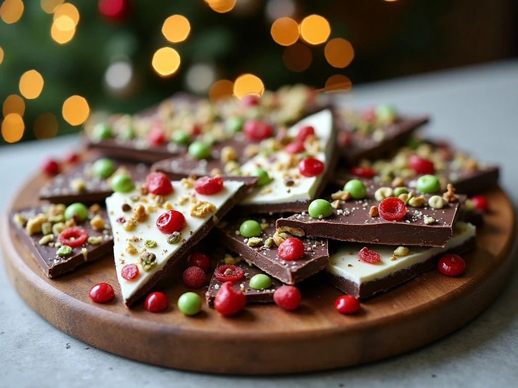 Festive Nutcracker Bark pieces on a holiday serving platter