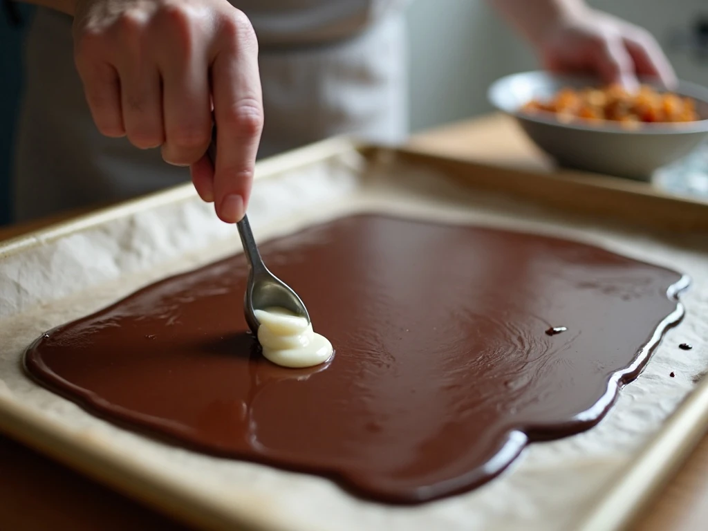 Spreading melted chocolate for Nutcracker Bark