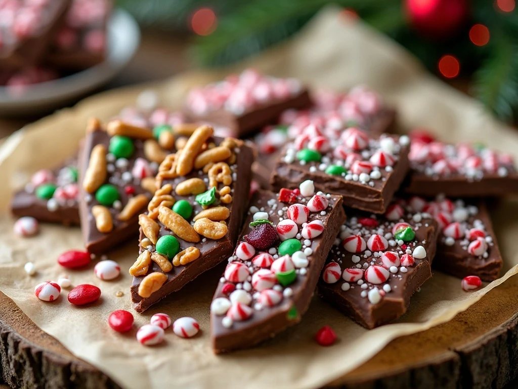 Holiday bark variations with nuts, pretzels, and peppermint