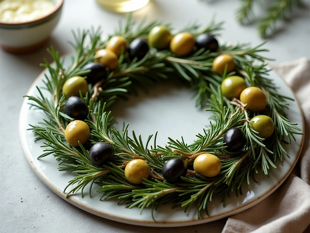 Colorful olive and herb appetizer wreath on a round serving platter