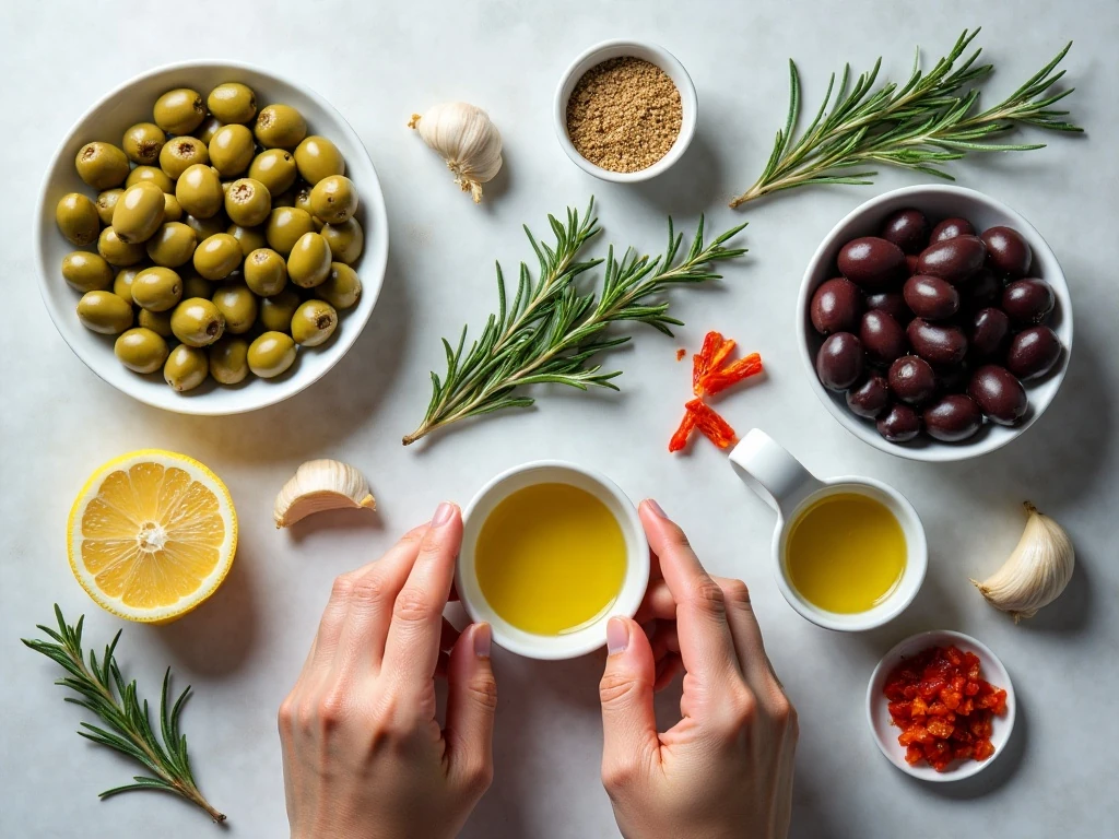 Ingredients for an easy olive and herb appetizer wreath