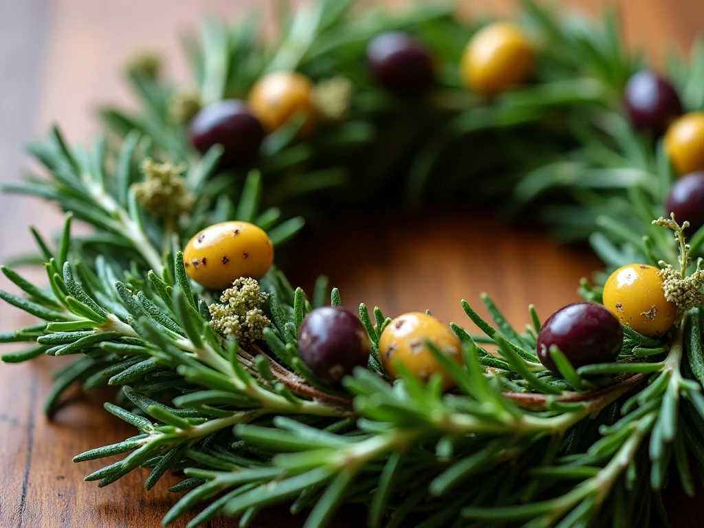 Rosemary and thyme arranged around colorful olives