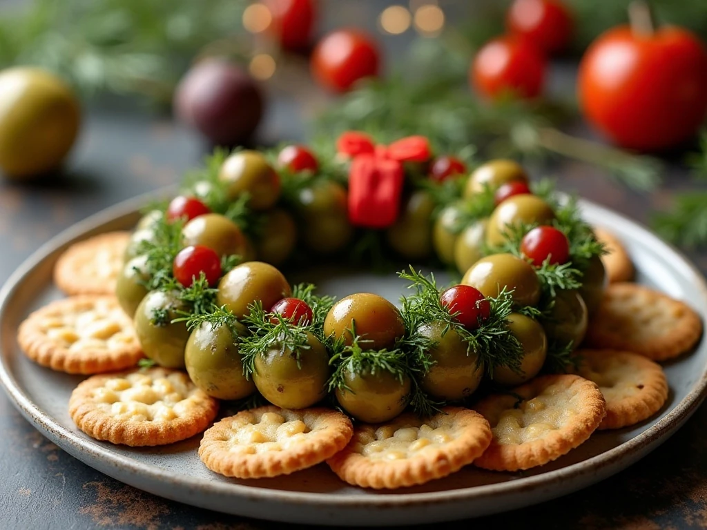 Make-ahead olive wreath appetizer served with cocktail picks