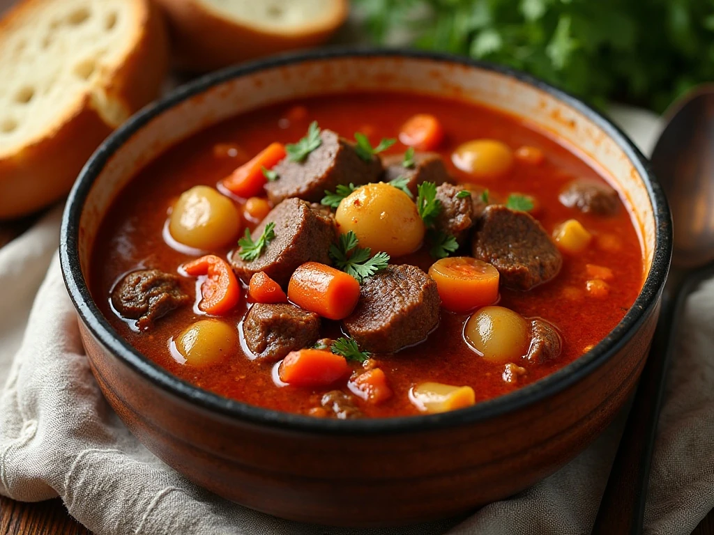 A hearty bowl of authentic Hungarian beef goulash with potatoes and vegetables