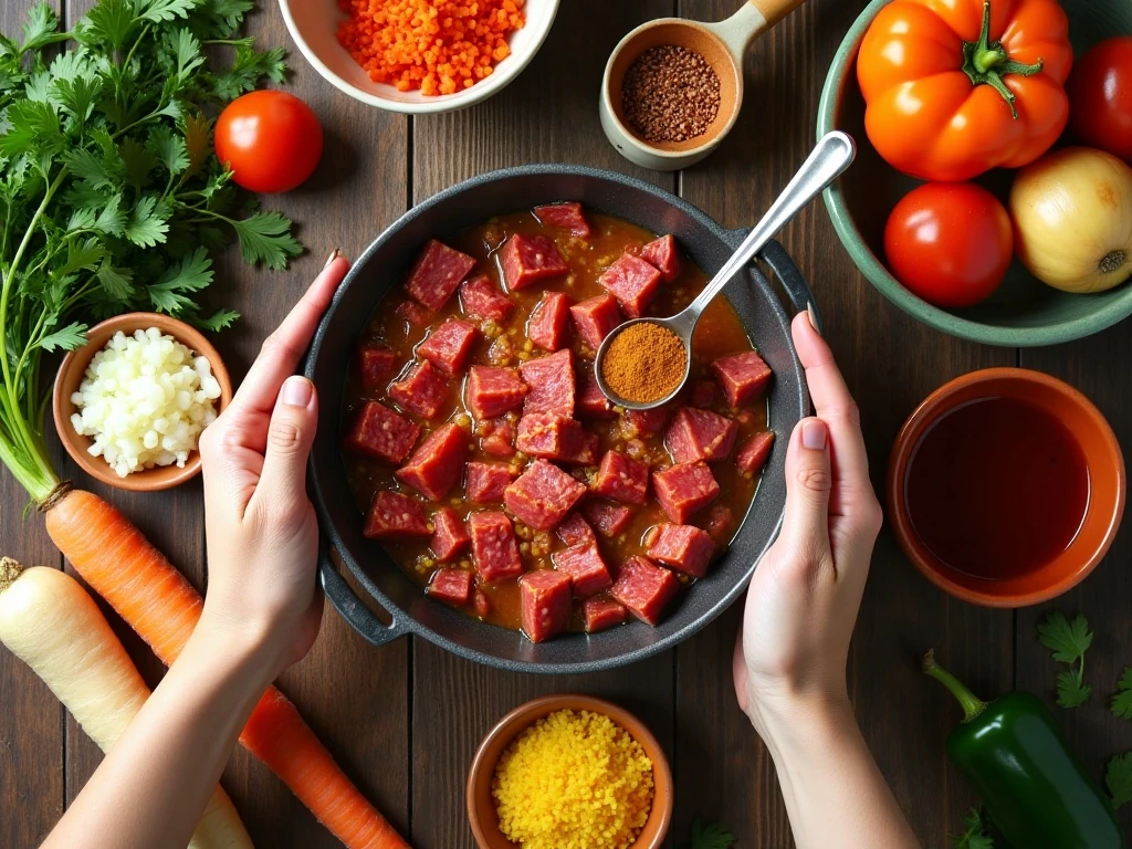 Ingredients for one-pot Hungarian goulash arranged on a kitchen table