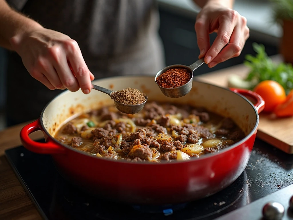 Preparing beef, onions, and paprika for Hungarian goulash in a Dutch oven