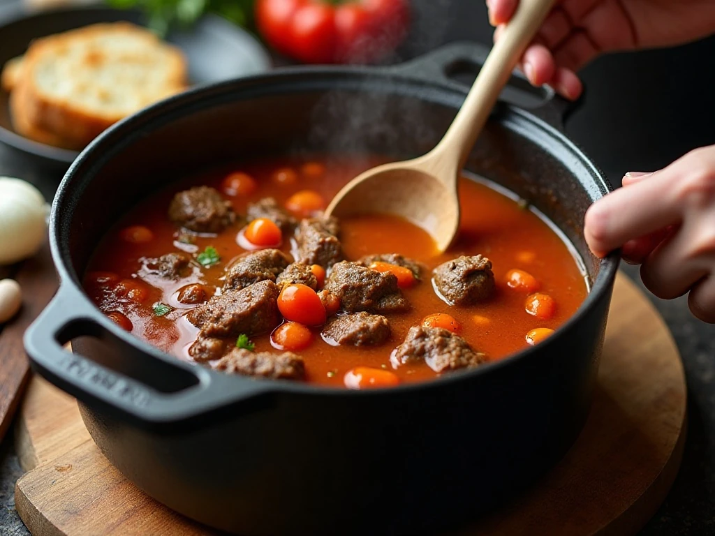 Hungarian goulash gently simmering in a heavy Dutch oven