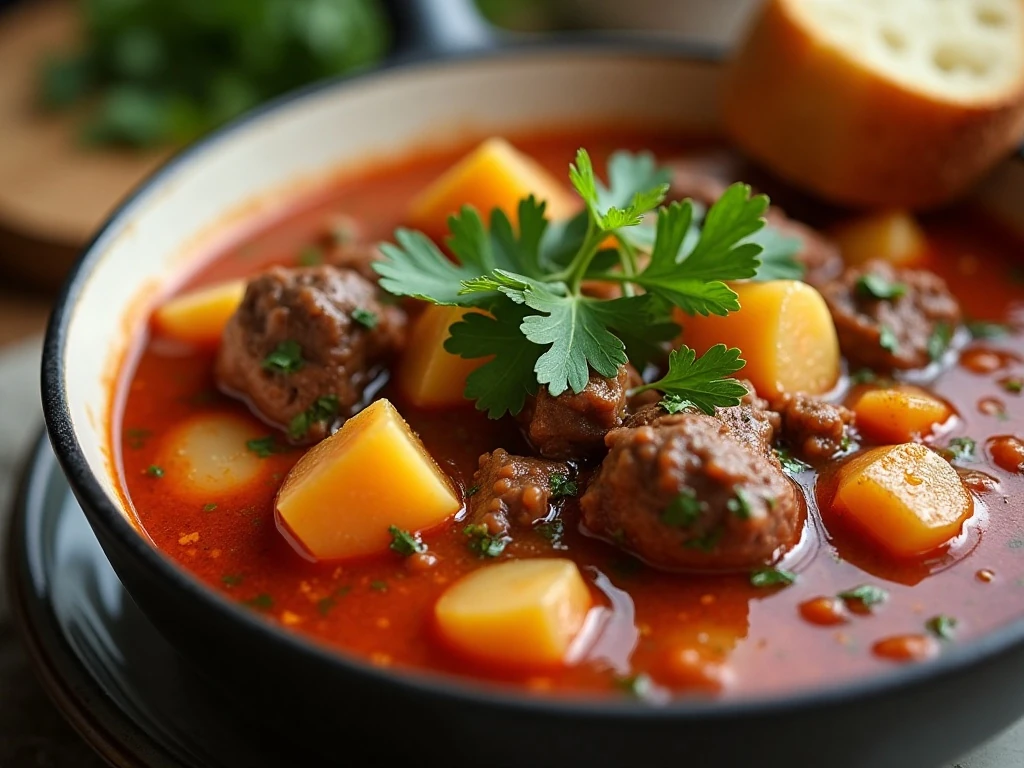 Hungarian goulash finished with fresh parsley and served with crusty bread