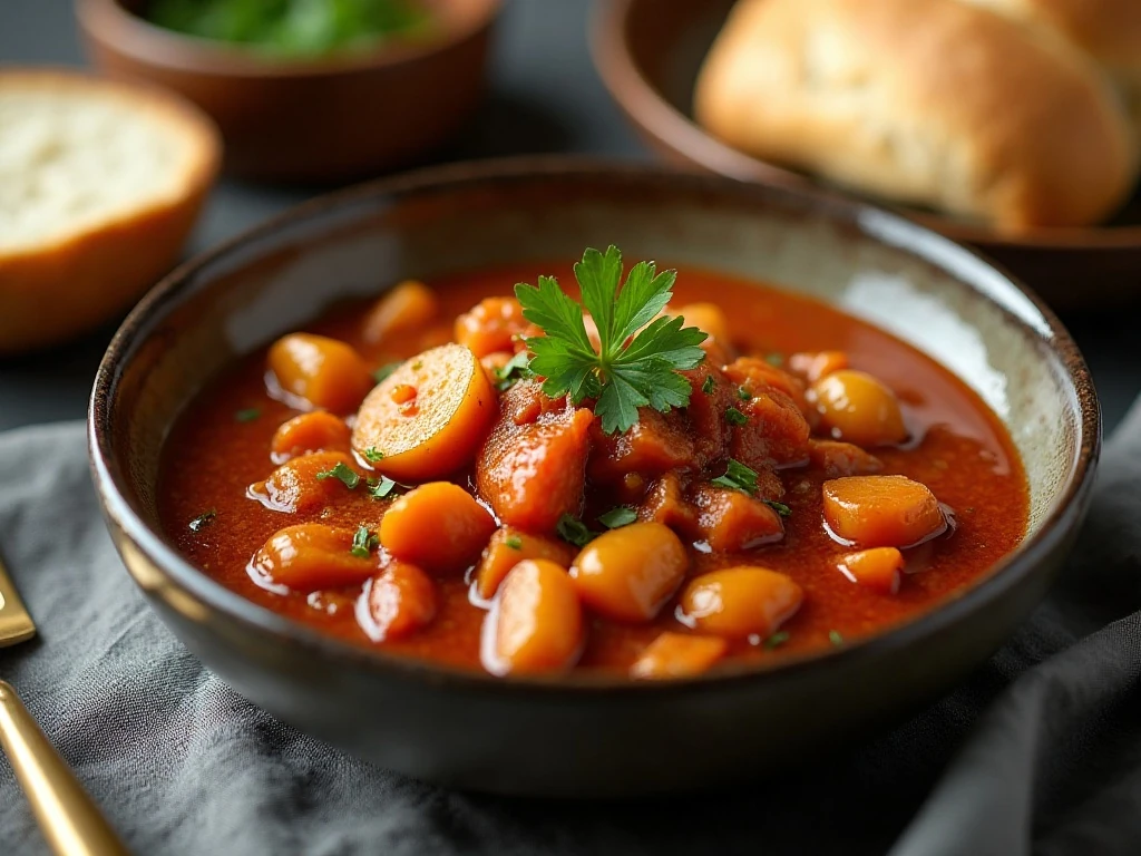 A reheated bowl of Hungarian goulash ready to serve