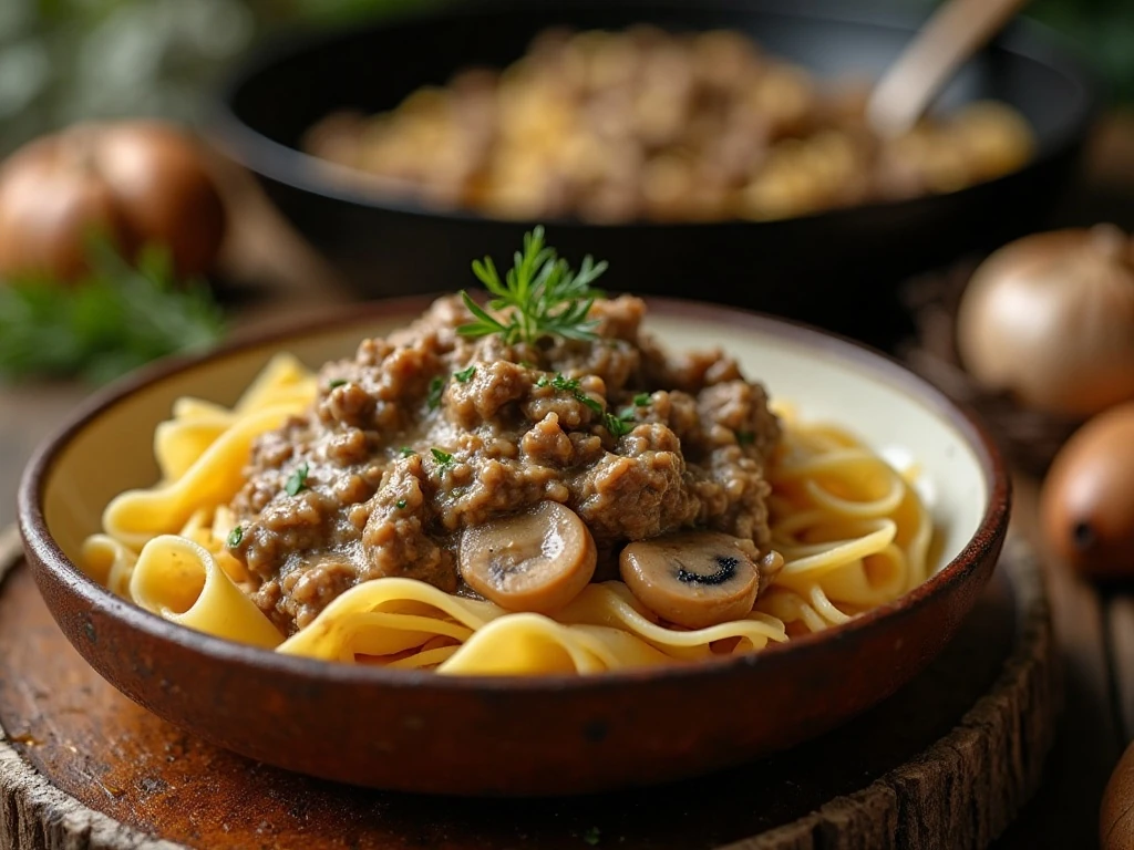 Creamy one-pot ground beef stroganoff with mushrooms and egg noodles