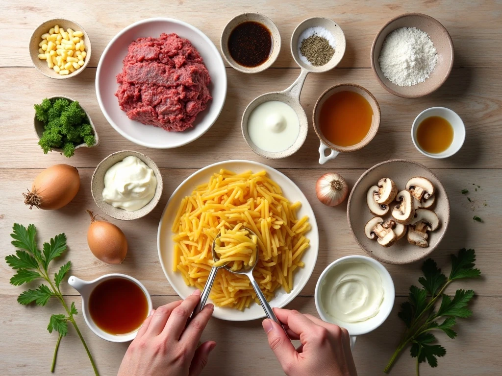 Ingredients for easy one-pot ground beef stroganoff