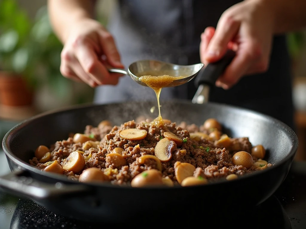 Cooking ground beef, onions, and mushrooms for stroganoff