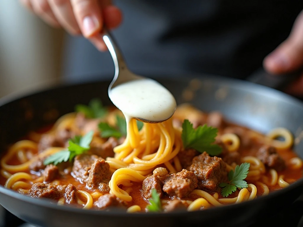 Stirring sour cream into one-pot stroganoff sauce