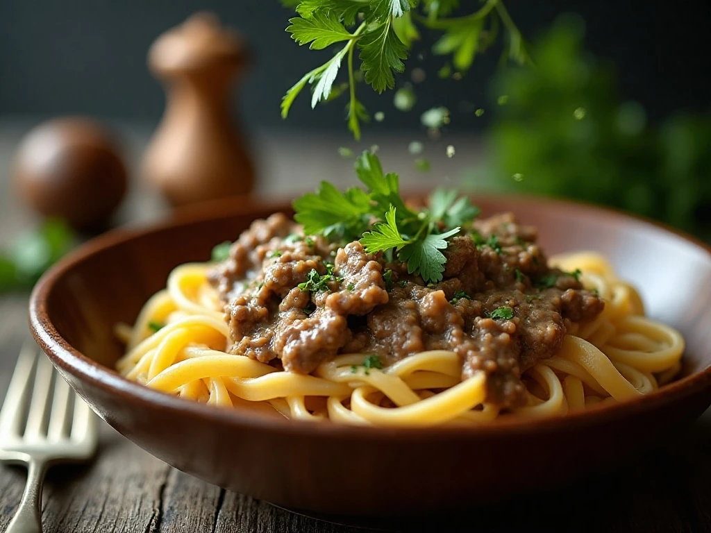 Fresh parsley garnish on creamy beef stroganoff