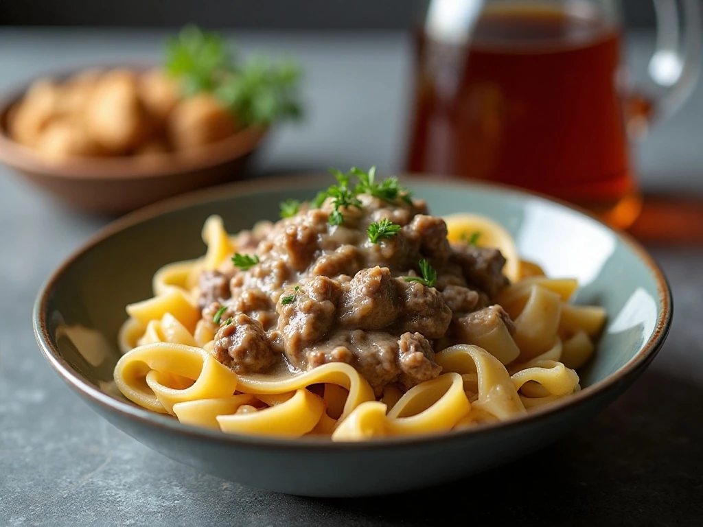 Stored and reheated ground beef stroganoff