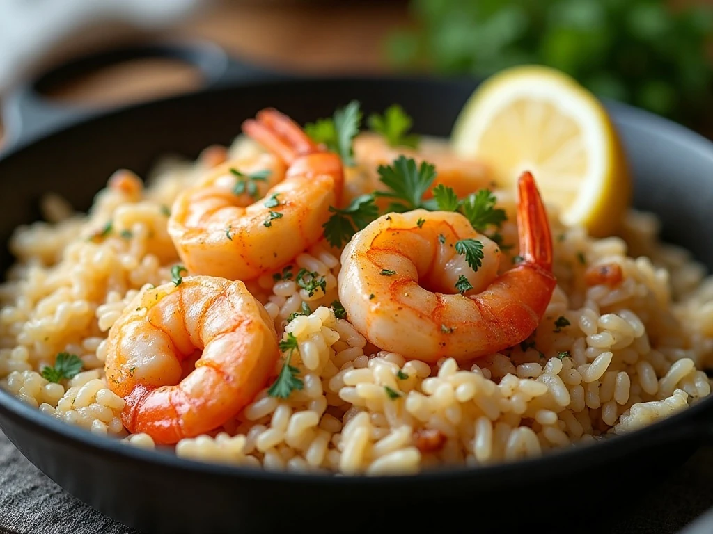 One-pot shrimp and rice served with parsley and lemon