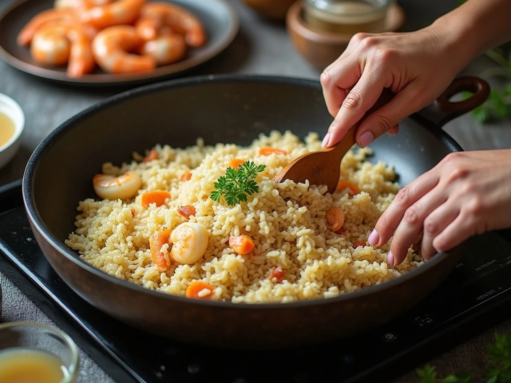 Toasting rice with onion and garlic in a skillet