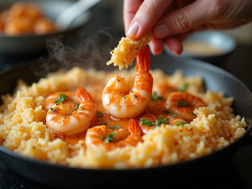 Adding seared shrimp to cooked rice