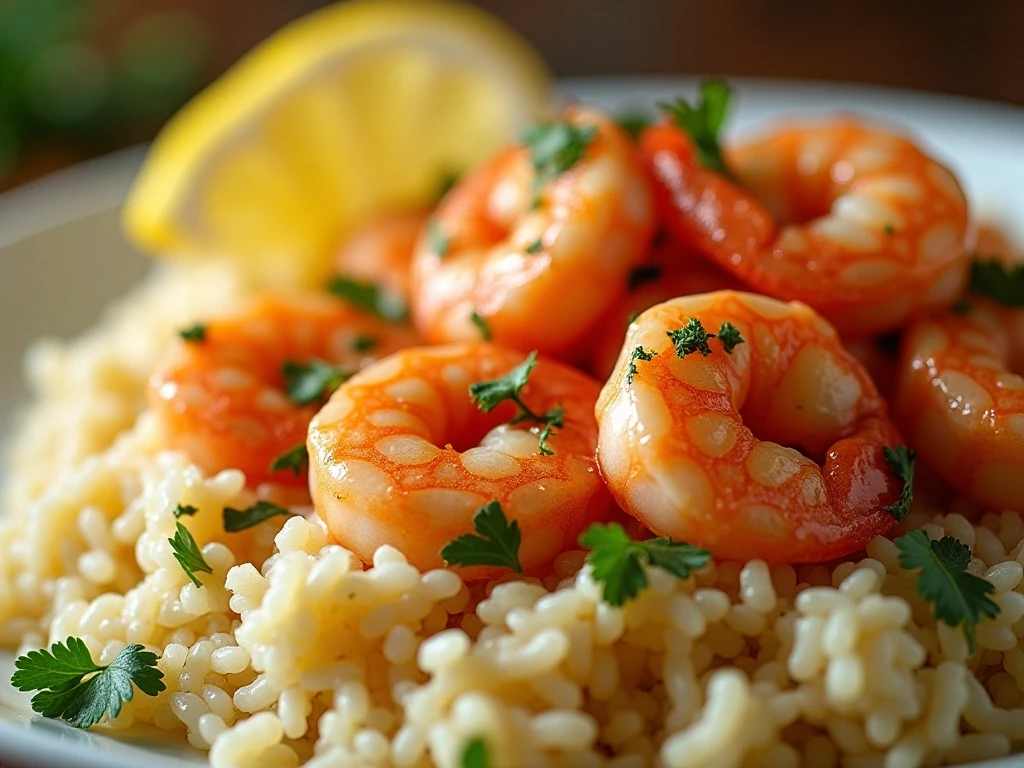 Lemon and parsley garnish on shrimp and rice