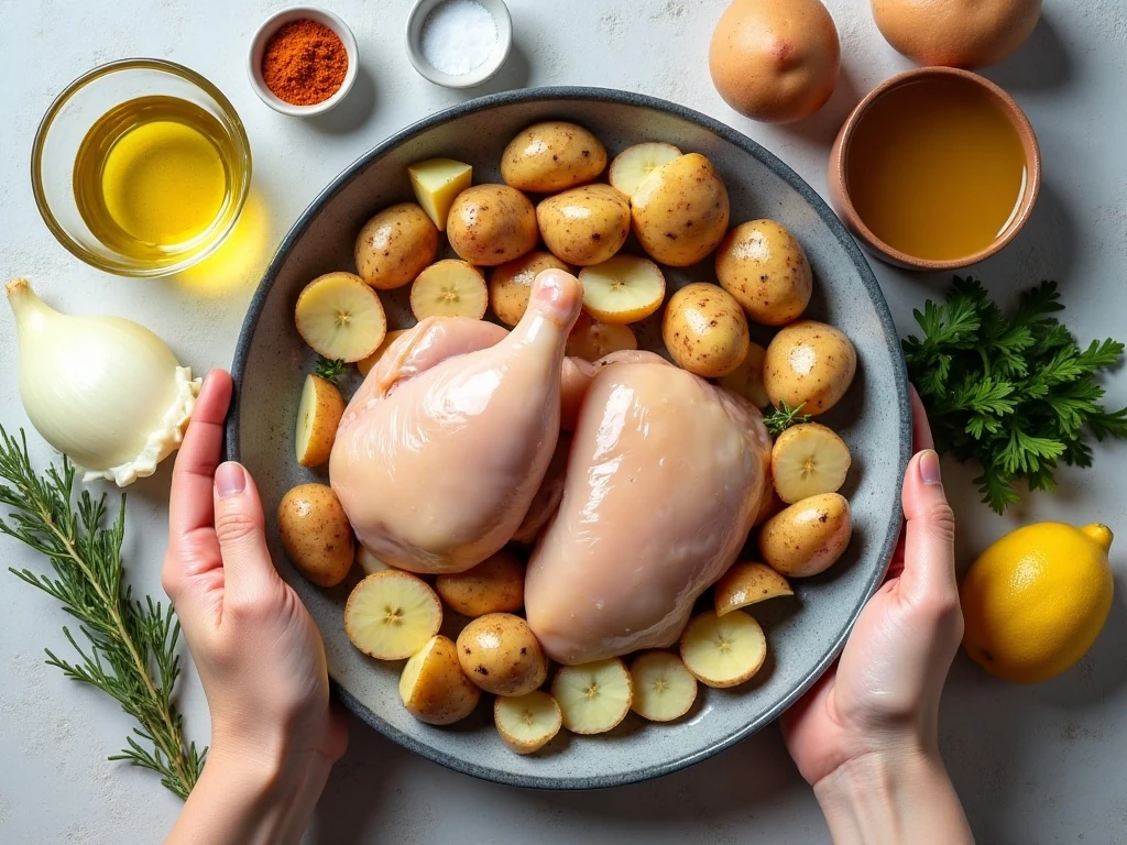 Ingredients for one-skillet chicken and potatoes arranged on a counter