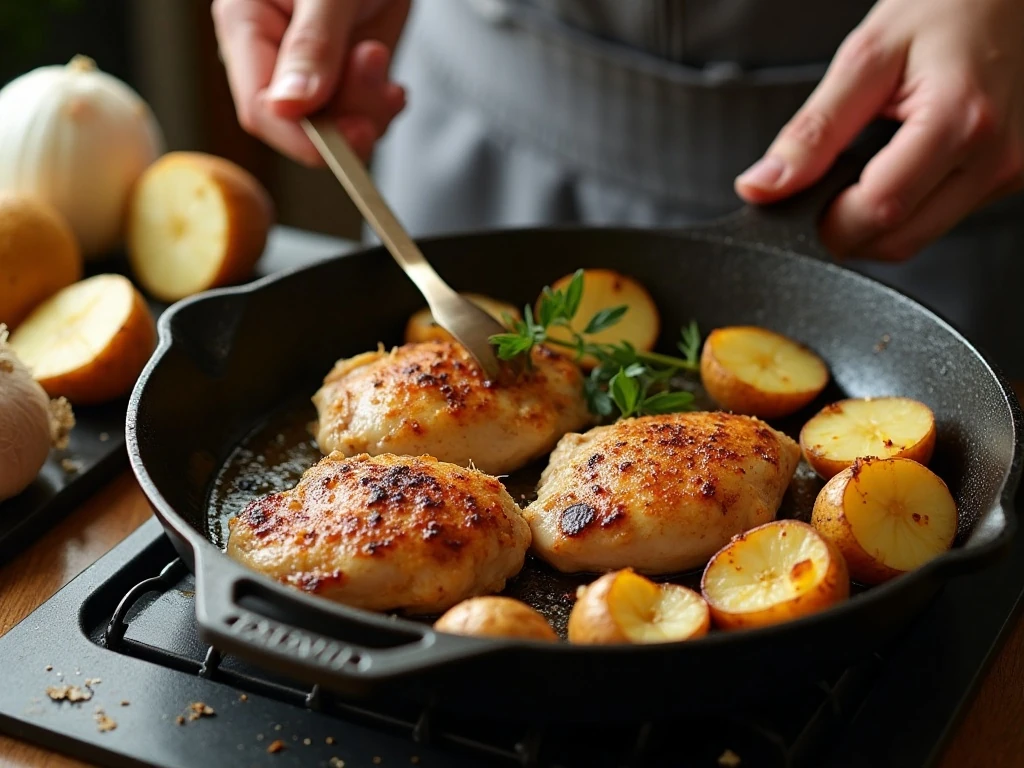 Chicken thighs and baby potatoes browning in a skillet