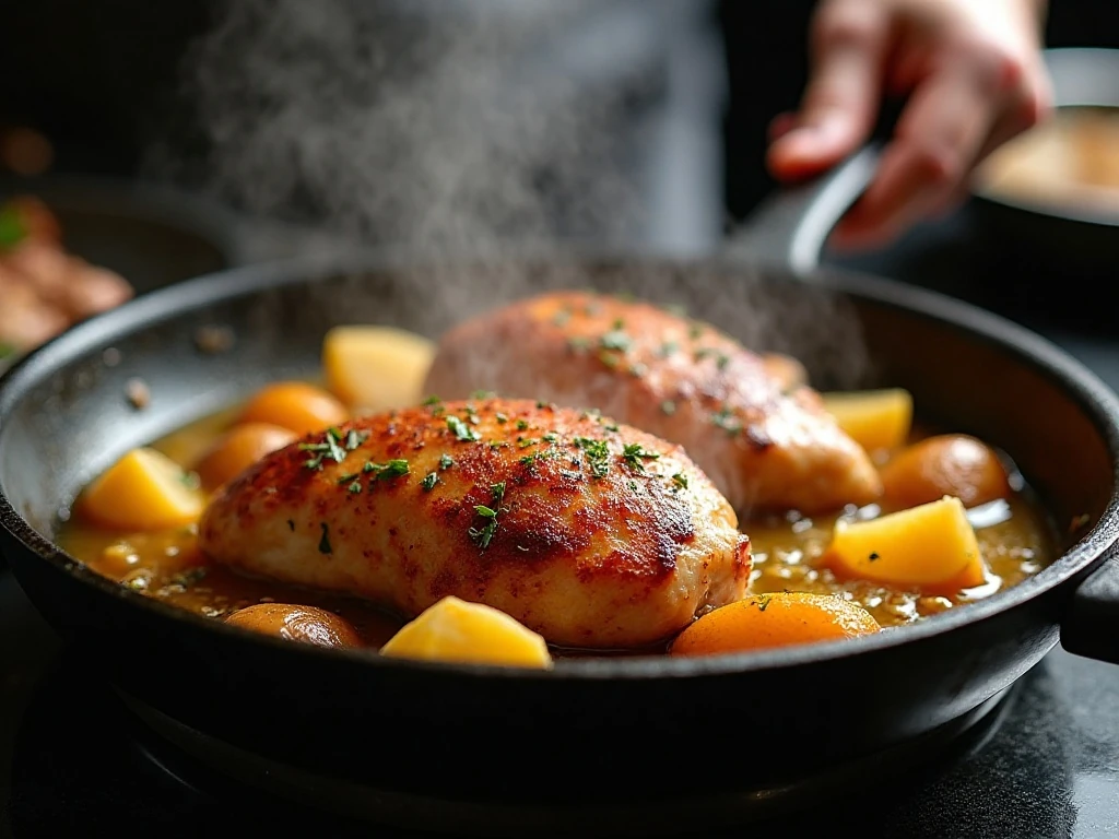 Crisp chicken skin roasting above tender potatoes and pan sauce