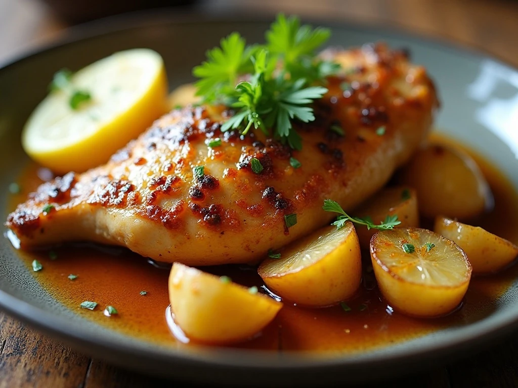 Chicken and potatoes served with lemon and parsley garnish