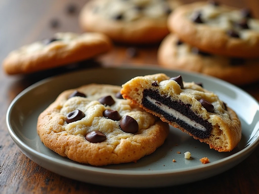 Large Oreo-stuffed chocolate chip cookies showing their soft centers
