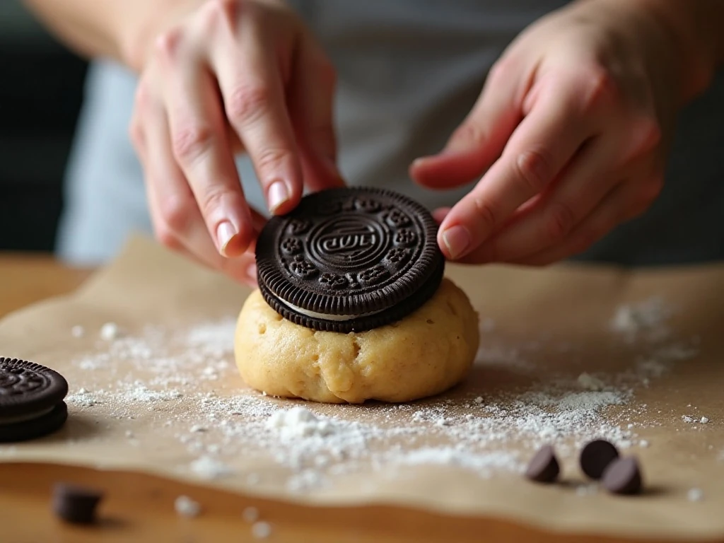 Wrapping chocolate chip cookie dough around an Oreo cookie