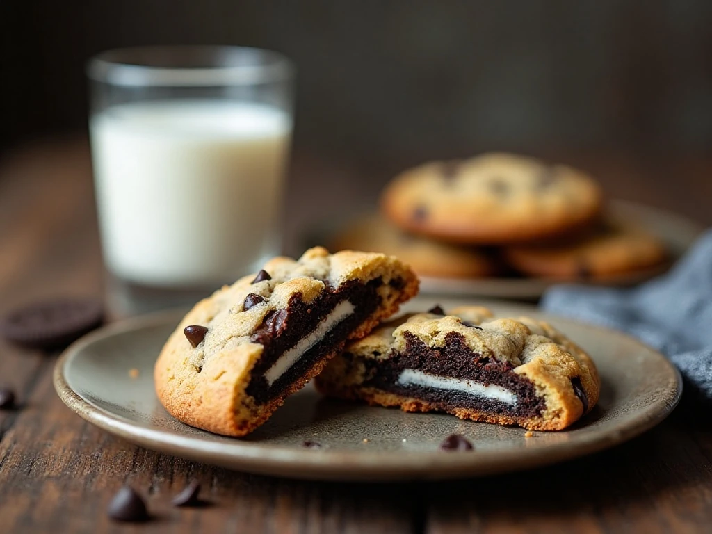 Oreo-stuffed chocolate chip cookies served with milk