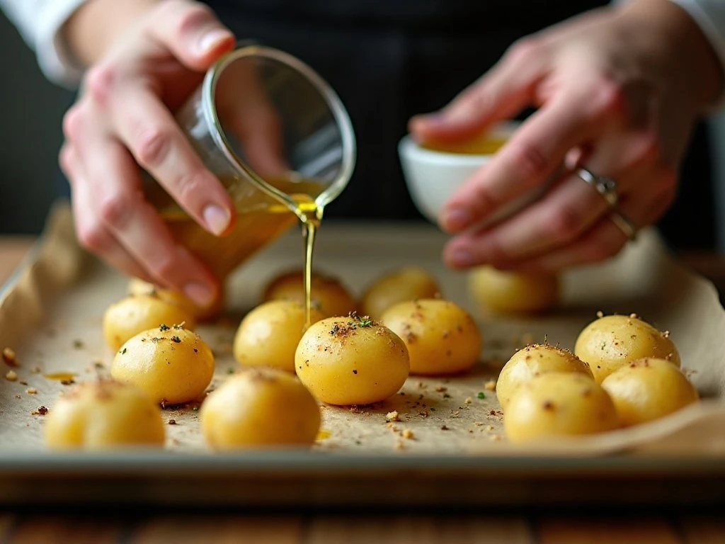 Pressing boiled baby potatoes before roasting them