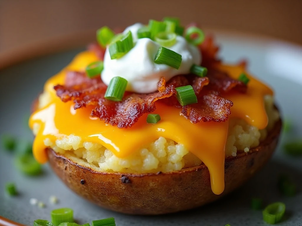 Close-up of a loaded smashed potato with cheddar and bacon