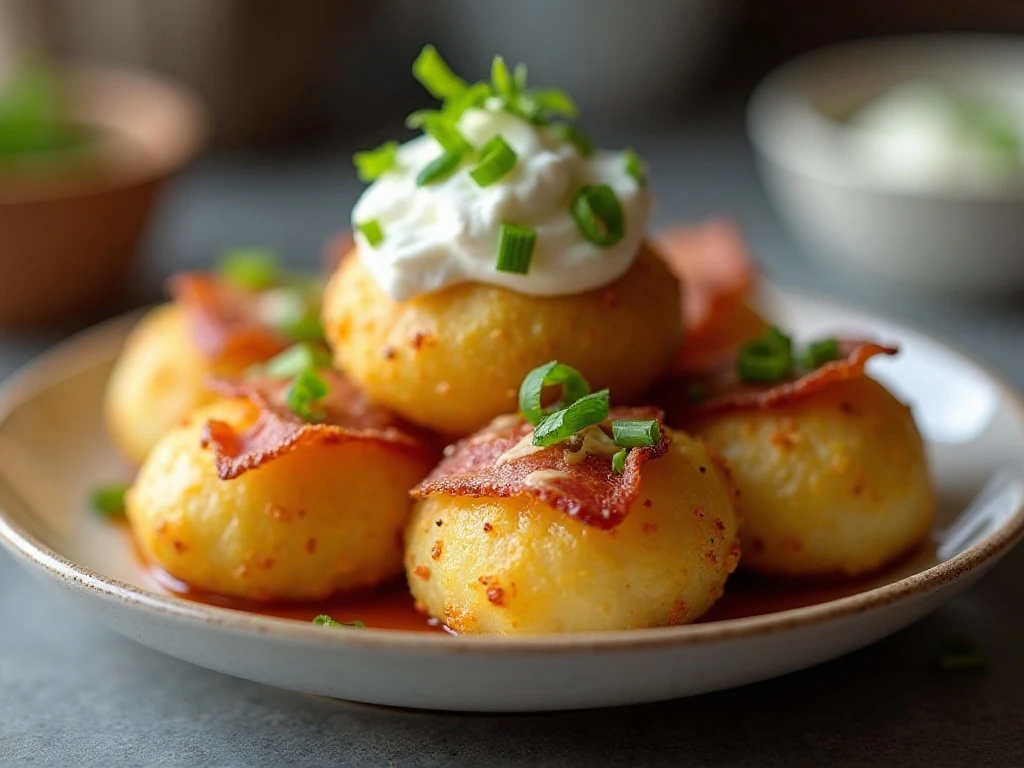 Reheated loaded smashed potatoes ready to serve