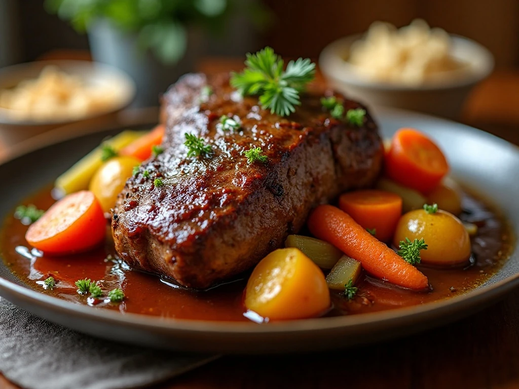 Tender oven braised pot roast with vegetables and potatoes