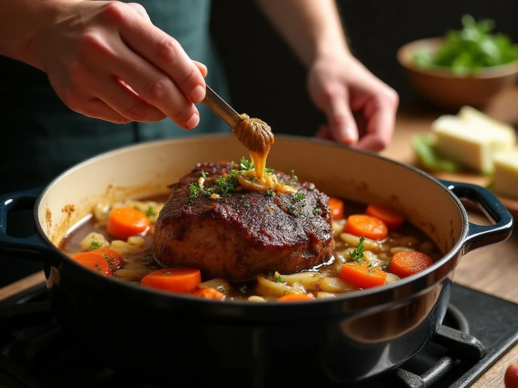 Chuck roast searing with vegetables in a Dutch oven