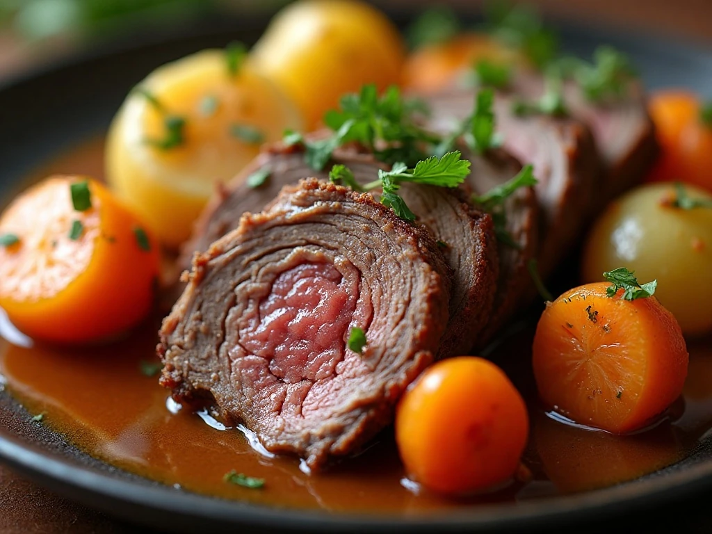 Pot roast garnished with parsley and served with vegetables