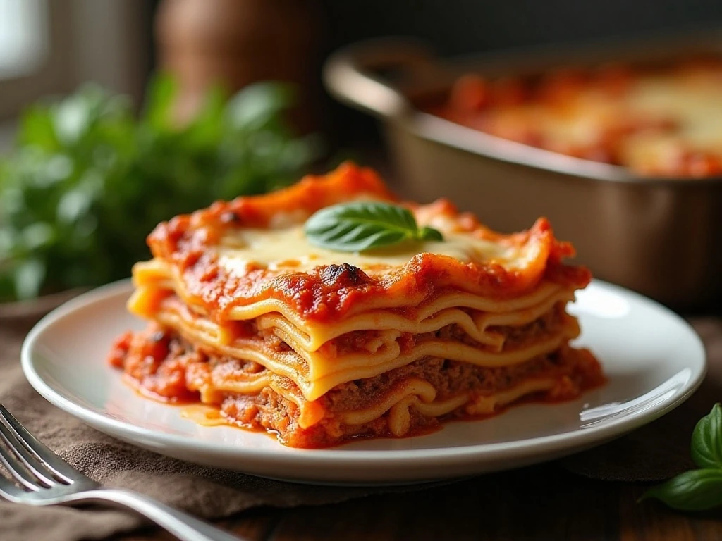 A bubbling slice of easy overnight lasagna on a dinner plate
