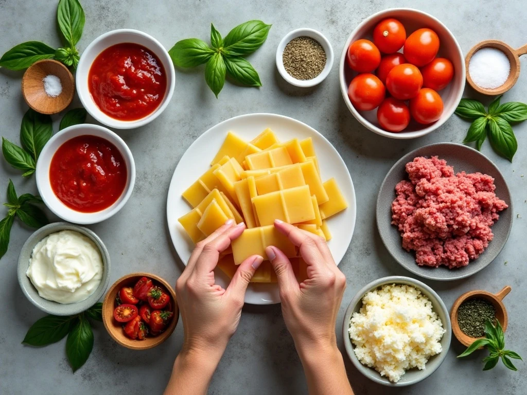 Ingredients for easy overnight lasagna arranged on a counter