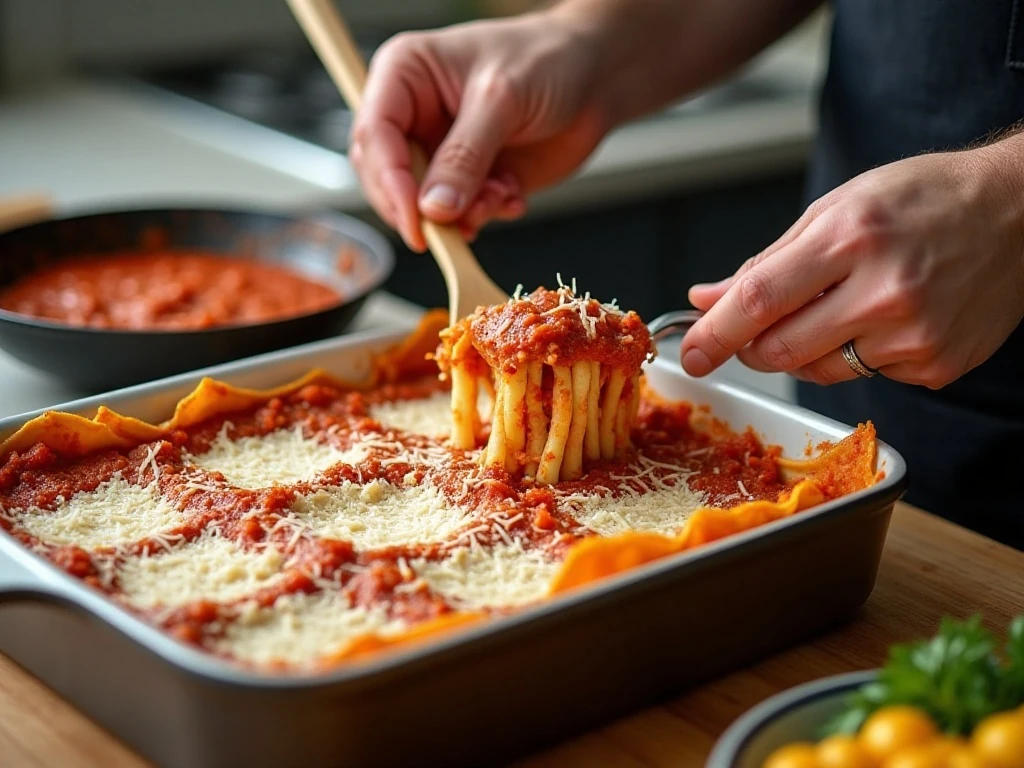 Layering uncooked noodles, meat sauce, ricotta, and cheese for lasagna