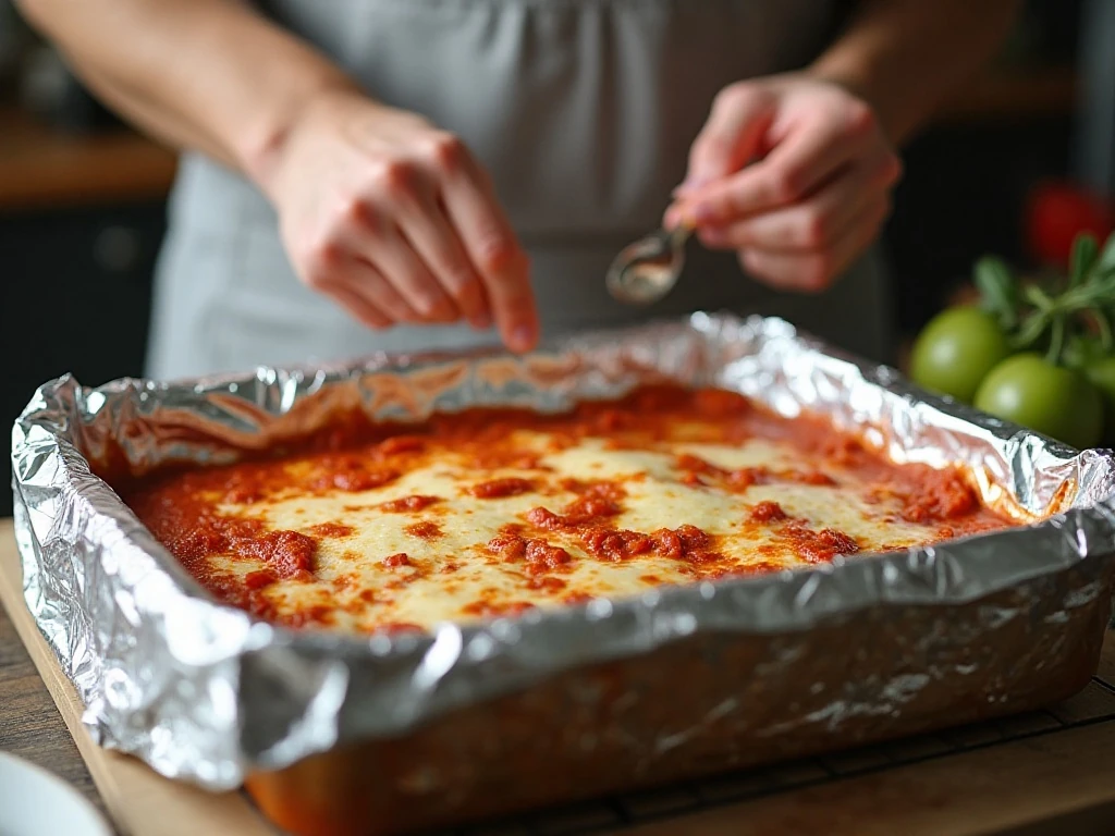 Lasagna tightly covered with foil before its overnight rest