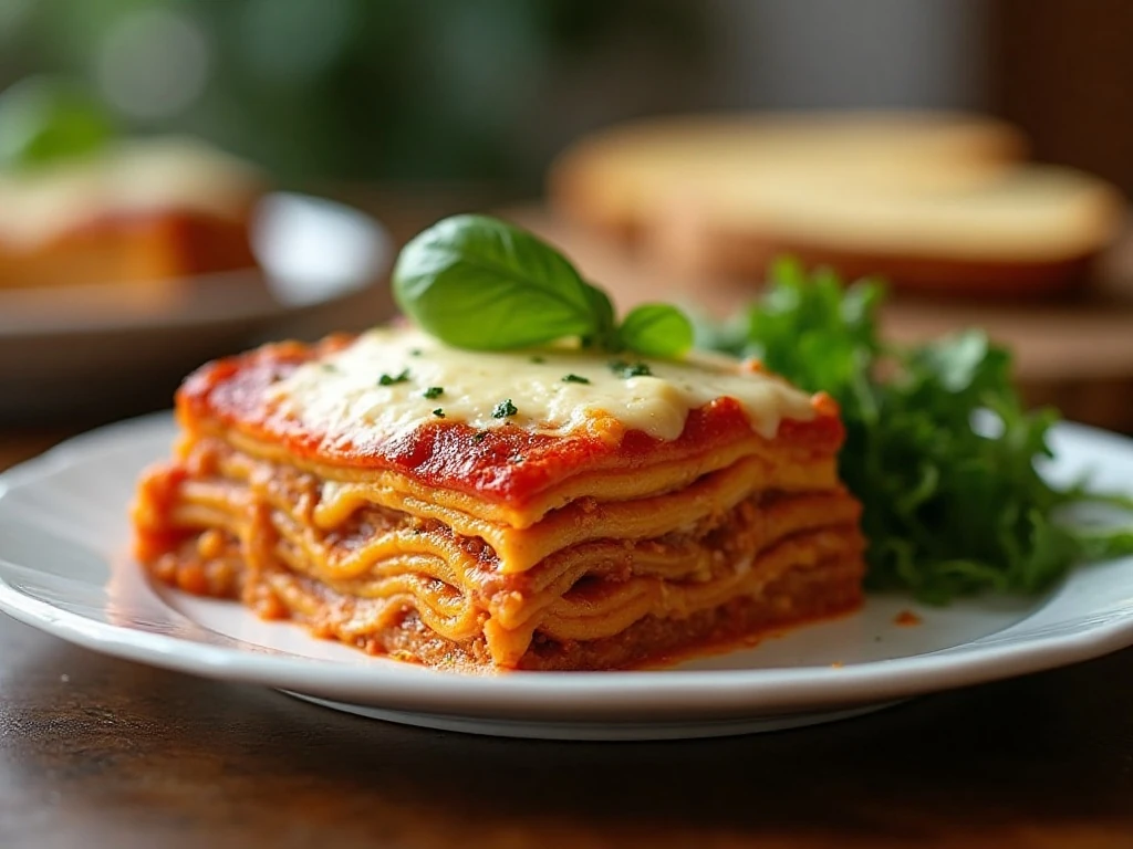 Overnight lasagna served with salad and warm bread